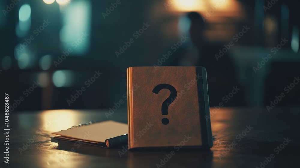 Poster a mysterious book with a question mark sits on a table, hinting at unknown possibilities.