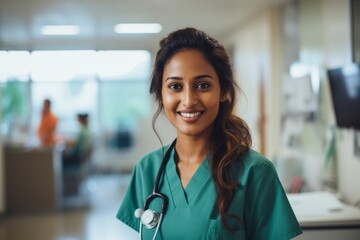 Smiling portrait of a middle aged Indian nurse in hospital