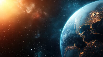 Earth seen from space with glowing city lights, illuminating the planet's surface in a vibrant display.