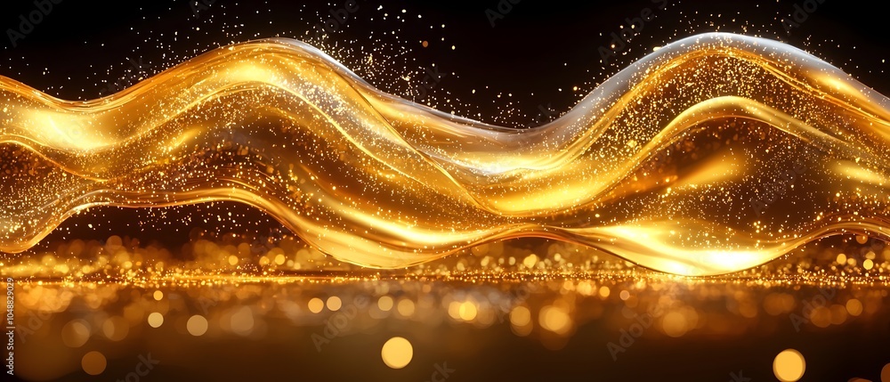 Poster A mesmerizing wave of golden liquid sparkles against a dark background, creating a luxurious and dynamic flow. The scene is infused with shimmering light effects.