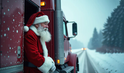 Santa Claus looking out of a big truck, with space for text on the side of the truck
