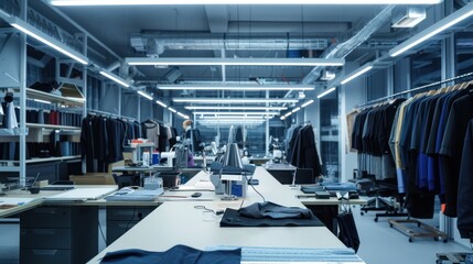 Fototapeta premium A Modern, Well-Lit Fashion Design Studio with Sewing Machines and Fabric Samples