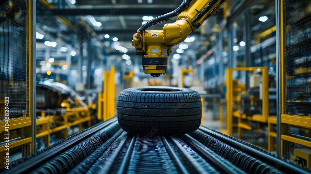 Poster a robotic arm handling a tire on a conveyor belt in a factory setting.