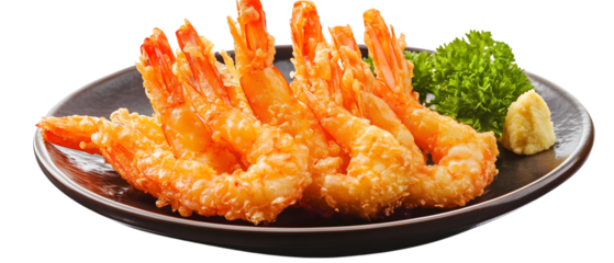 Tempura fried shrimp in a plate, isolated on a white transparent background