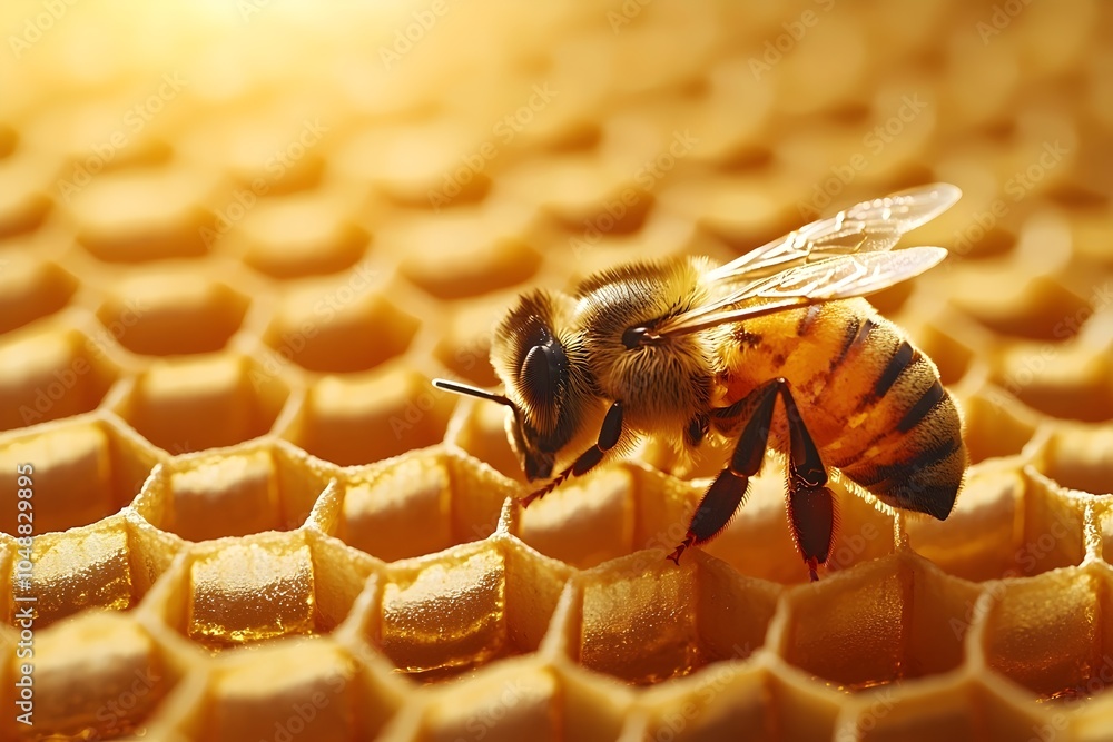 Aufkleber a close-up of a honeybee working diligently on a honeycomb, showcasing its fuzzy body and intricate 