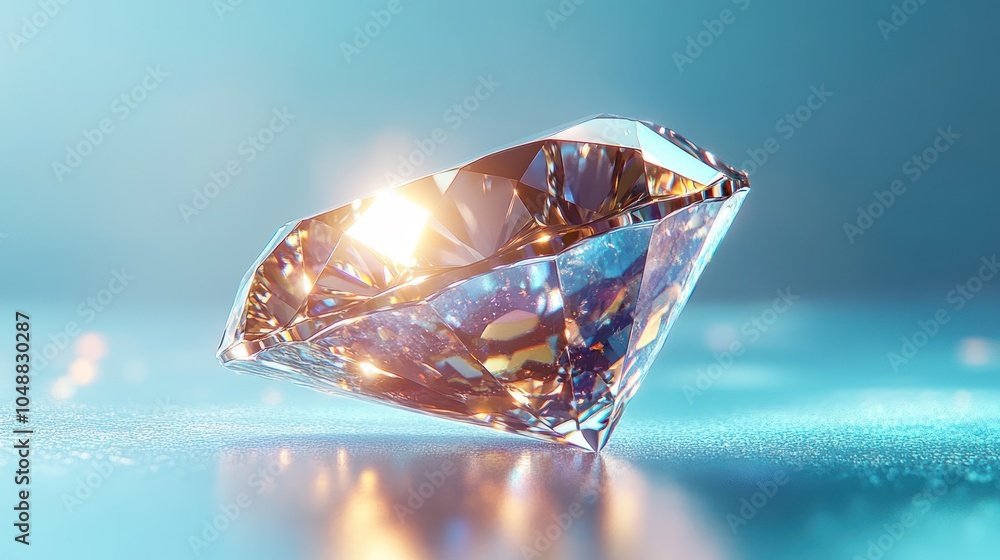 Poster a sparkling diamond on a blue background with a subtle light reflection.