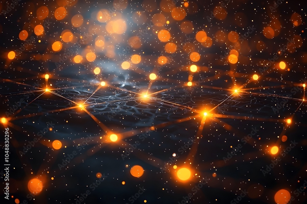 Poster abstract digital network with glowing orange dots and lines on a dark background, creating a vibrant