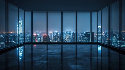 Fototapeta premium Empty floor at night, showcasing the cityscape and skyline glowing in the background.
