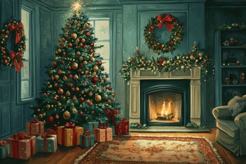 Illustrations of decorated Christmas tree, ornaments, lights, wreaths, and gifts.