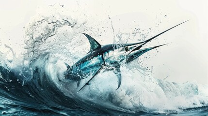 Fototapeta premium A Sailfish Leaps Through a Splashing Wave