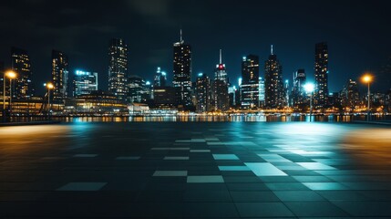 Fototapeta premium Empty square floor at night, with a vibrant city skyline in the background, lights illuminating the view.