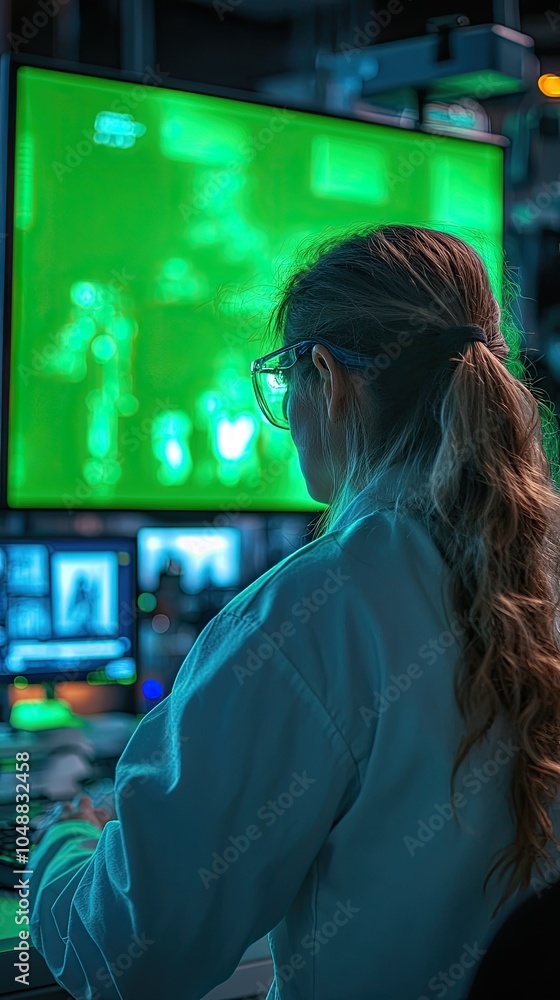 Poster a woman in a white lab coat and safety glasses sits at a computer workstation, looking at a large mo