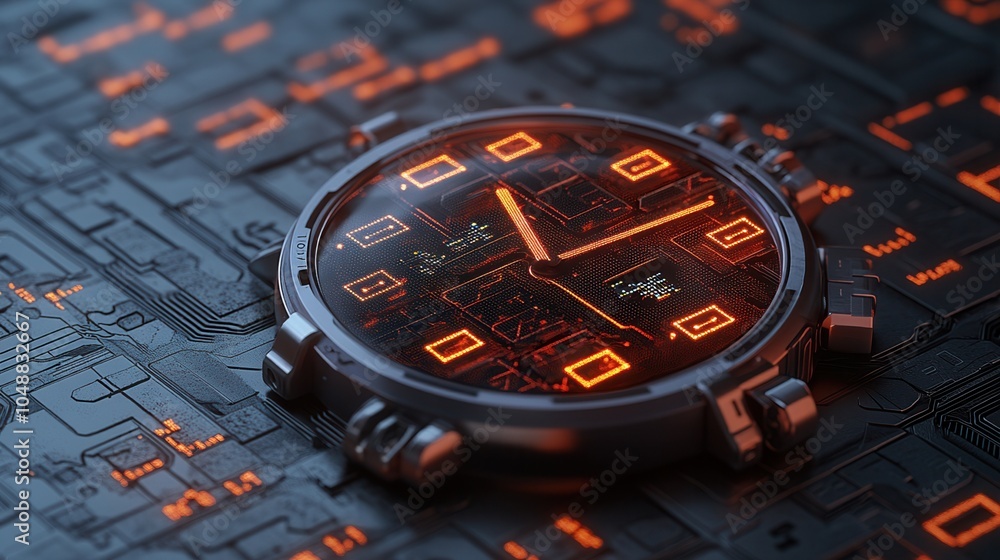 Poster a close-up of a modern digital watch with glowing orange features on a high-tech circuit background.