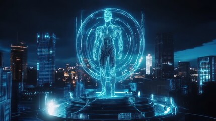 Futuristic statue glowing with neon lights, surrounded by a high-tech cityscape.