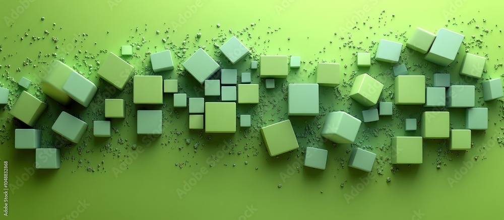 Poster abstract green background with cubes in different sizes and shades.