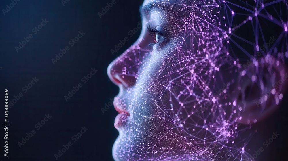 Poster a digital profile of a person enhanced with glowing network connections, symbolizing advanced techno