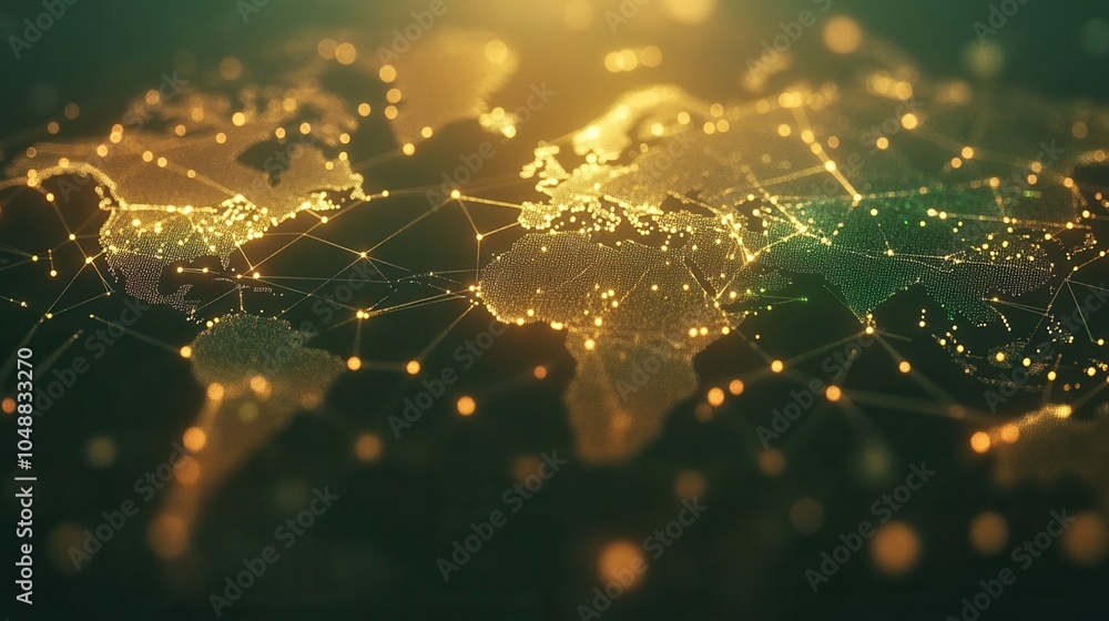 Poster a digital representation of the world map highlighting connections and networks with glowing lights 