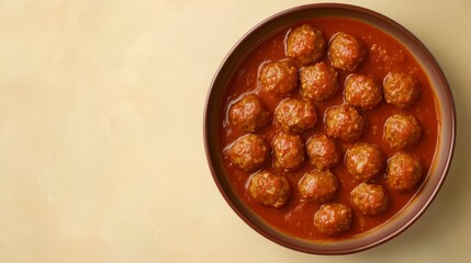 A bowl of meatballs in tomato sauce, shot from directly above.