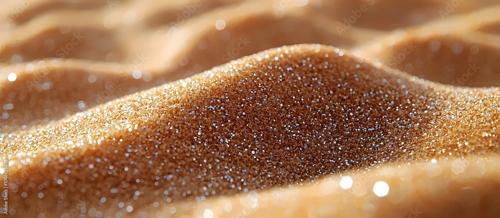 Poster a close-up view of shimmering golden sand, showcasing intricate patterns and a sparkling texture tha
