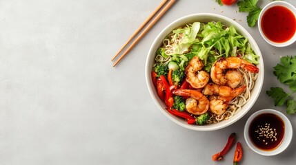 A bowl of noodles with shrimp, vegetables, and a side of sauce.