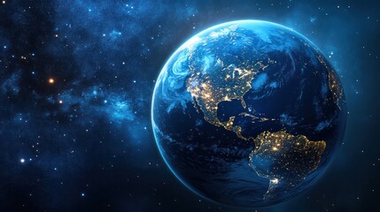 Fototapeta premium Glowing Earth from orbit, captured in a 3D rendering with vivid lights highlighting major cities.