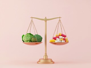 A scale with fresh food on one side and weight loss pills on the other, perfectly balanced, Weighing food vs drugs for weight loss, equilibrium in health and dieting concept