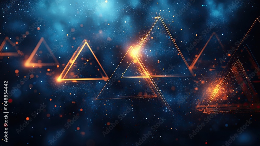 Aufkleber abstract glowing triangular shapes on a dark blue background with sparkling lights.