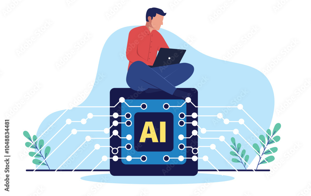 Poster using artificial intelligence on computer - man person working on laptop with help from ai service o