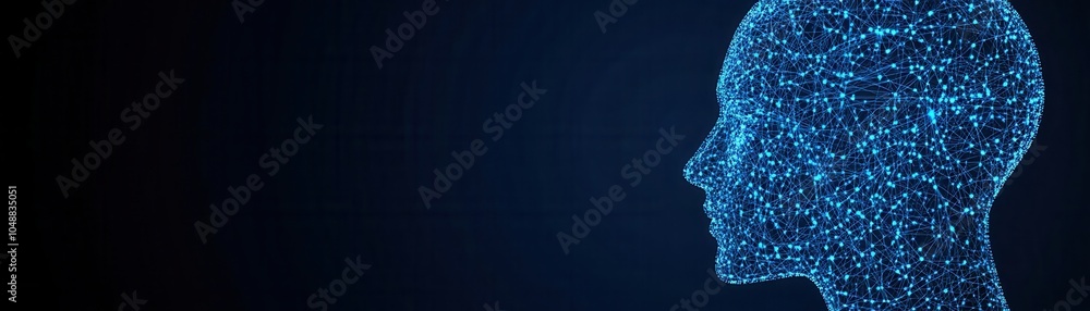Poster a futuristic representation of a human head created from glowing particles, symbolizing artificial i