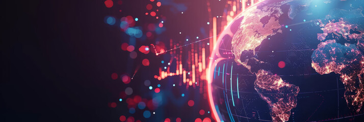 Dynamic digital infographic, rotating globe graphs and statistics, real-time global financial data, analytics in motion
