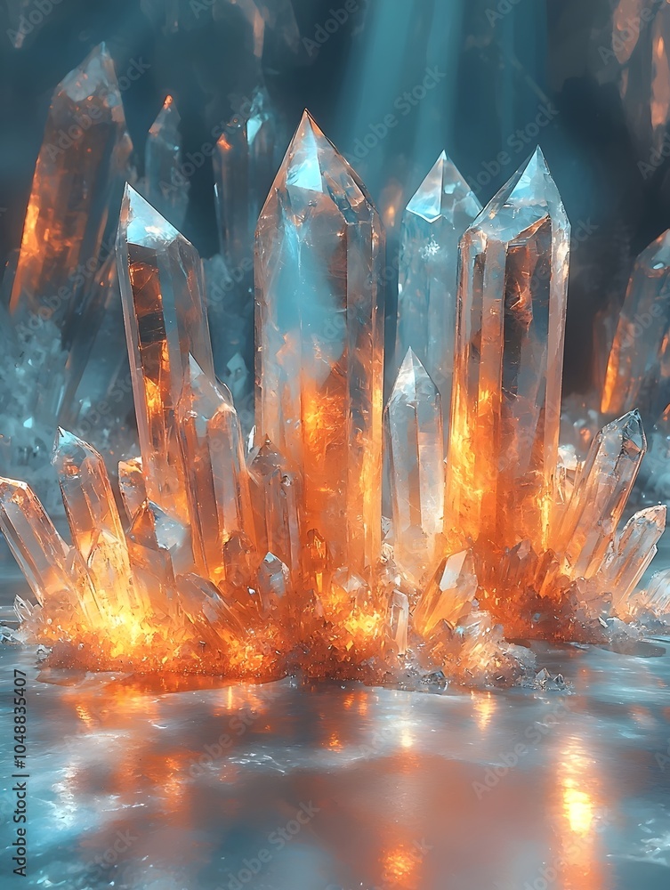 Poster A stunning display of sharp, crystalline structures surrounded by a mystical glow, creating a captivating and enchanting atmosphere.