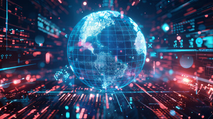 Futuristic digital infographic, holographic globe, interactive graphs and data points, global financial predictions, advanced analytics