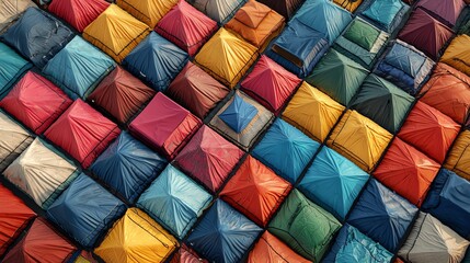 Aerial view of a sprawling migrant camp under harsh sunlight, with vibrant tarpaulins and tents forming a geometric patchwork, migrant camp, human perseverance