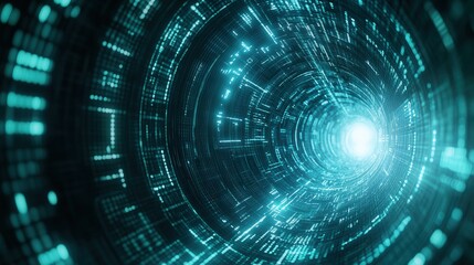 Fototapeta premium A futuristic tunnel of light and data, showcasing vibrant blue tones and dynamic patterns, symbolizing innovation and technology.