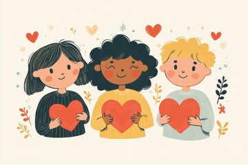 Friendly and engaging illustrations for childrenâ€™s mental health topics, with soft colors, cartoon characters, and simple symbols like hearts and hands, calming and age-appropriate