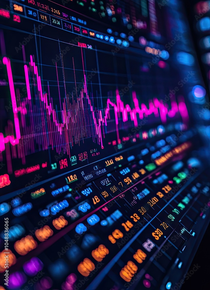 Poster a close-up of a computer screen displaying a pink and purple stock market chart with numerical data.