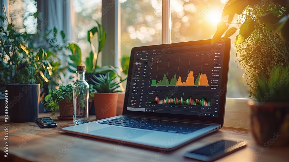 Poster a laptop with a financial chart open on the screen sits on a wooden desk in front of a window. there