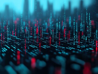 Fototapeta premium Binary code streaming down over a city skyline, with key infrastructure quietly being seized, Silent digital coup takeover, cyber control of cities concept