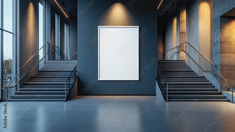 Poster empty gallery space with large blank poster frame between two staircases with metal railings.