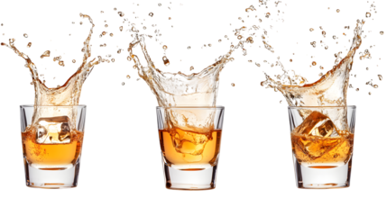 Set of glasses shot of tequila making toast with splash on transparent background, isolated on white background