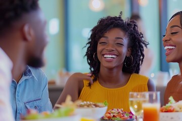 Group of African American friends dining at a local restaurant, sharing laughter and vibrant dishes, bright colors and genuine expressions, capturing shared moments
