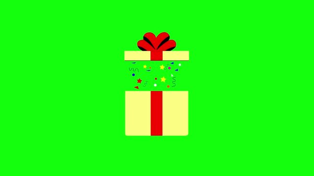 gift box opens cover with flying falling confetti surprise animated video on green background screen.
