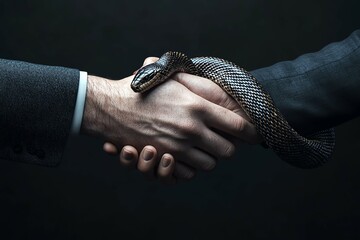 Hands shaking in a dark room, with one hand holding a snake behind its back, symbolizing hidden MLM dangers, Deceptive handshake, concealed motives in business concept