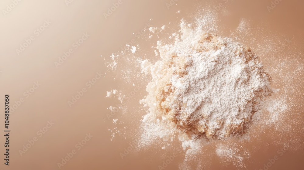 Poster a close-up of a cookie exploding with powdered sugar against a brown background.