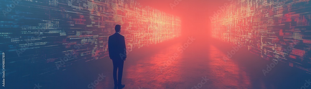 Poster a mysterious figure stands before a glowing corridor of data and light, symbolizing deep exploration