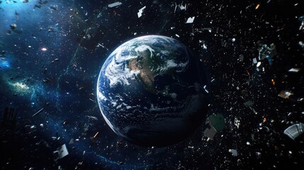 Obraz premium 3D artwork of Earth in space surrounded by thousands of pieces of space debris and defunct satellites, symbolizing pollution beyond our planet.