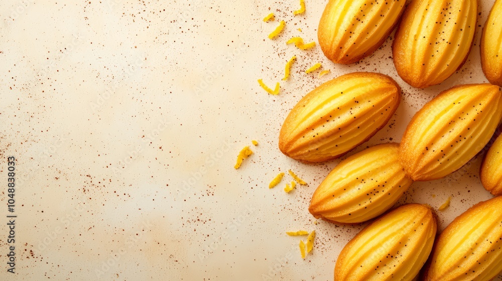Poster A close-up overhead view of a group of freshly baked yellow madeleines with lemon zest sprinkled on top. There is a light beige background with space for text.