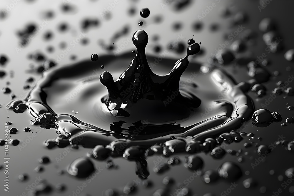 Poster a striking close-up of black liquid creating a crown-shaped splash on a reflective surface, capturin