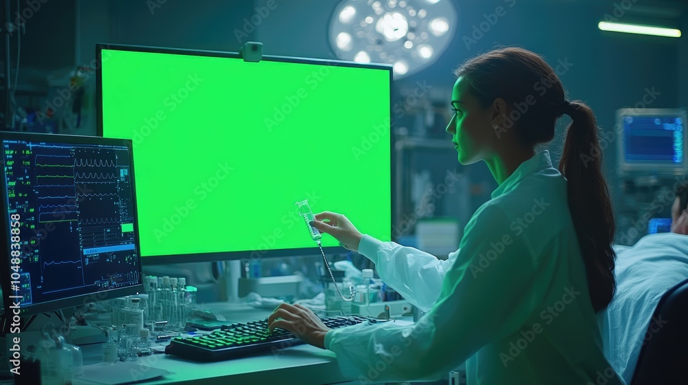 Poster a female doctor in a lab coat in an operating room examines a test tube while working on a computer 