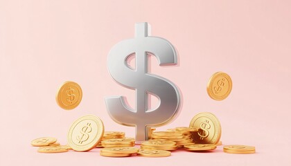 Large 3D silver dollar sign symbolizing wealth and investment in a business financial context.